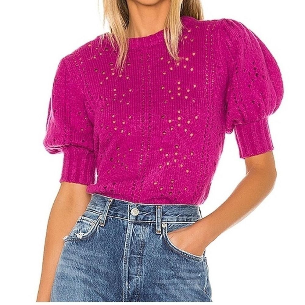 For Love And Lemons Magenta Pink Crew Neck‎ Puff Sleeve Sweater Women Size XS